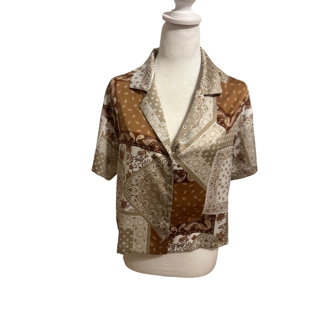 Pleione Anthro Patchwork brown bandana cropped camp shirt boho western short med